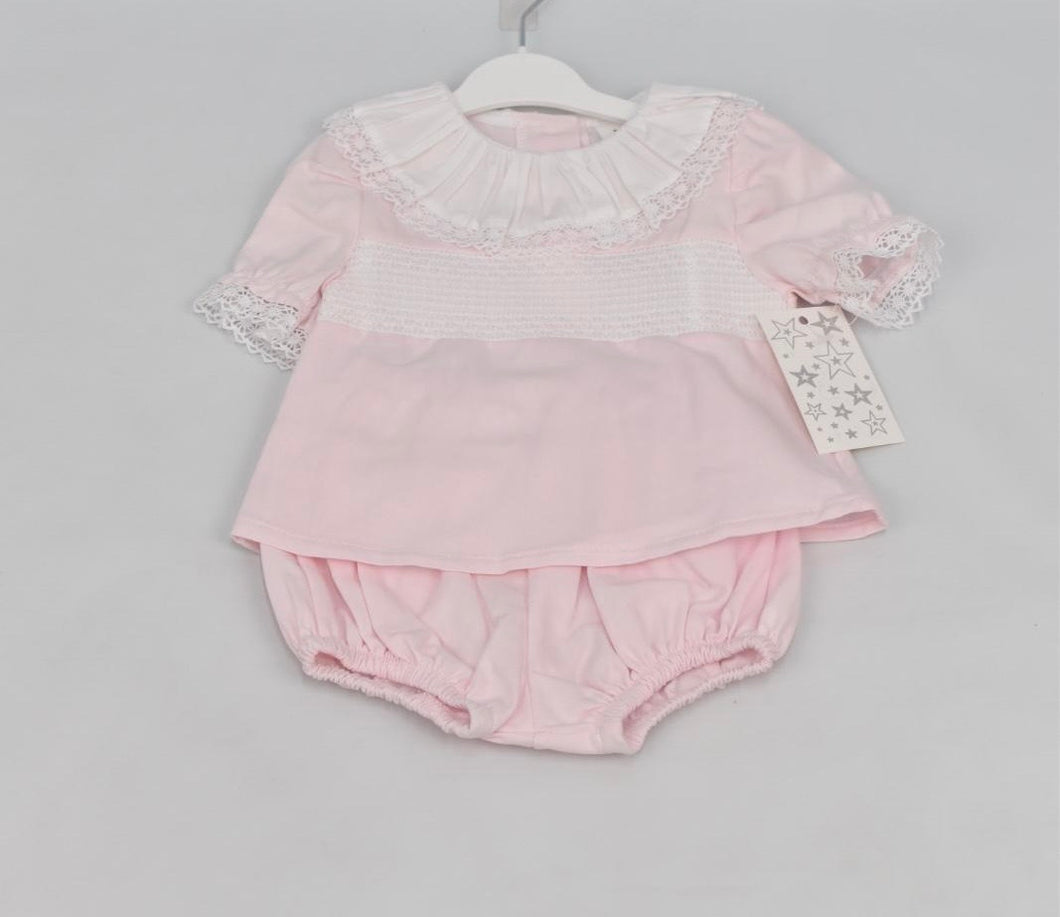 Pink Smocked Frilly Jam pants Set