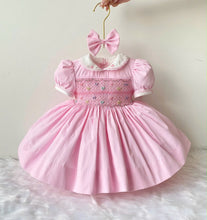 Load image into Gallery viewer, Pink Bows and Pearls Smocked Dress