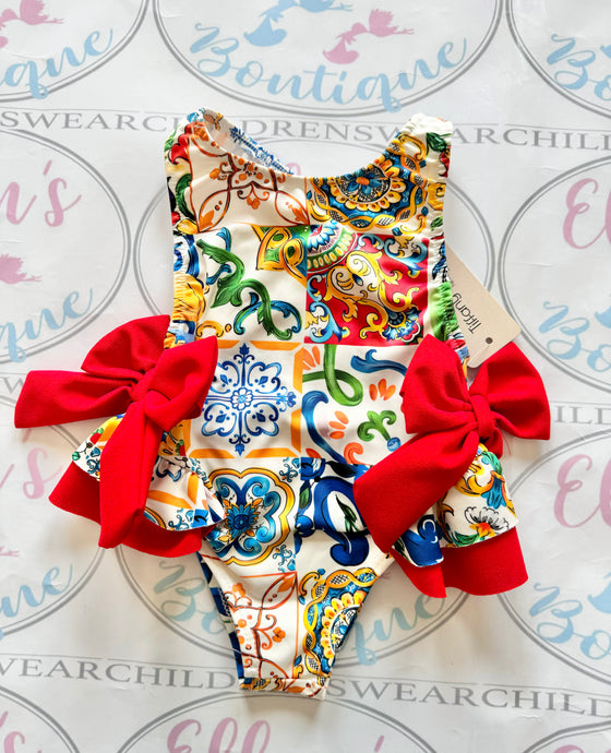 Red Tile Frill Swimming costume