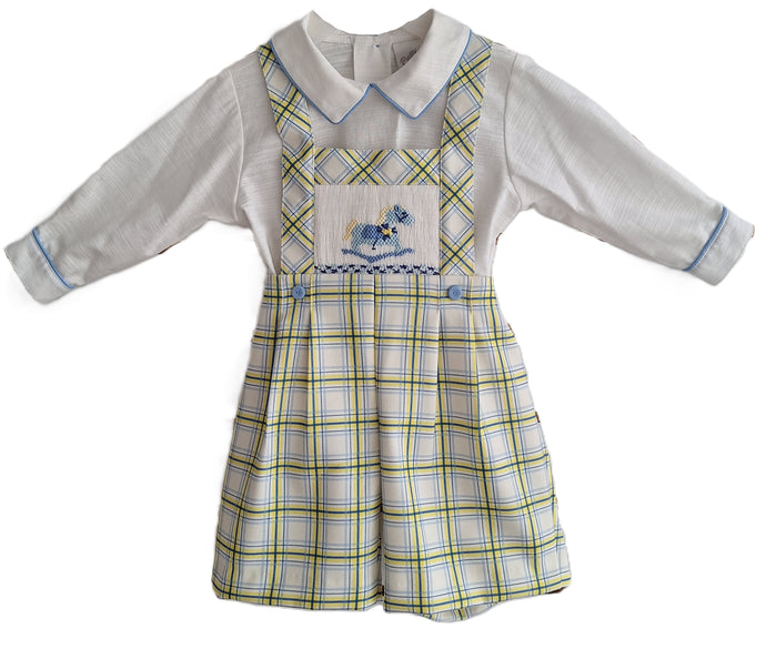Pretty Originals Baby Blue Rocking Horse Smocked Suit PREORDER