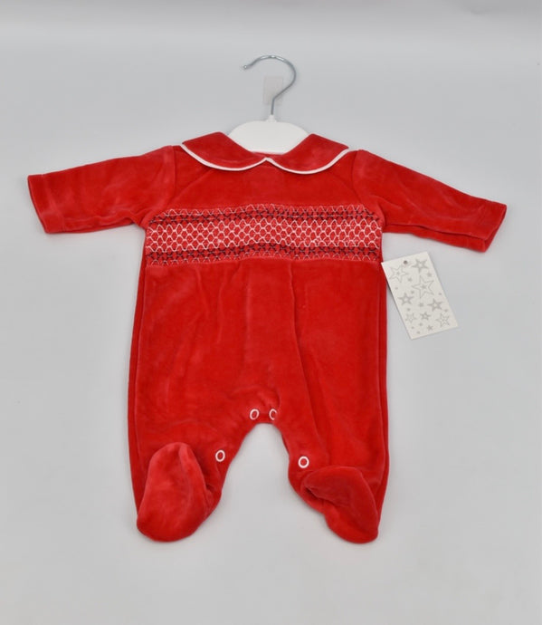 Red Smocked Velvet Babygrow