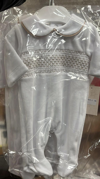 White and Cream Velvet Smocked Babygrow