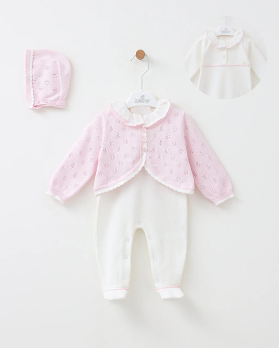 Pink and White Babygrow, Cardigan and Bonnet Set