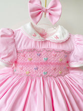 Load image into Gallery viewer, Pink Bows and Pearls Smocked Dress