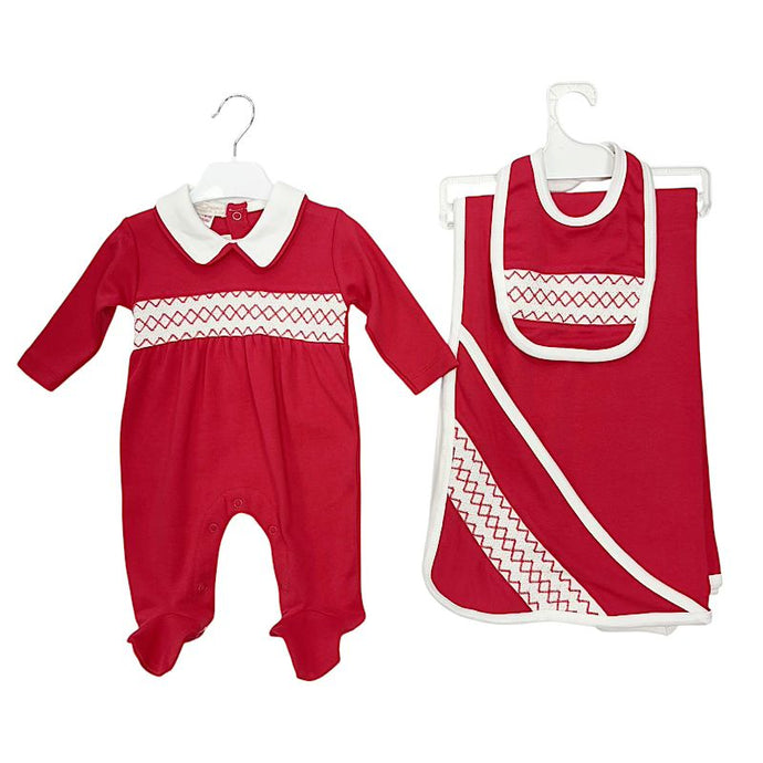 Smocked Red Babygrow, Bib and Blanket Set