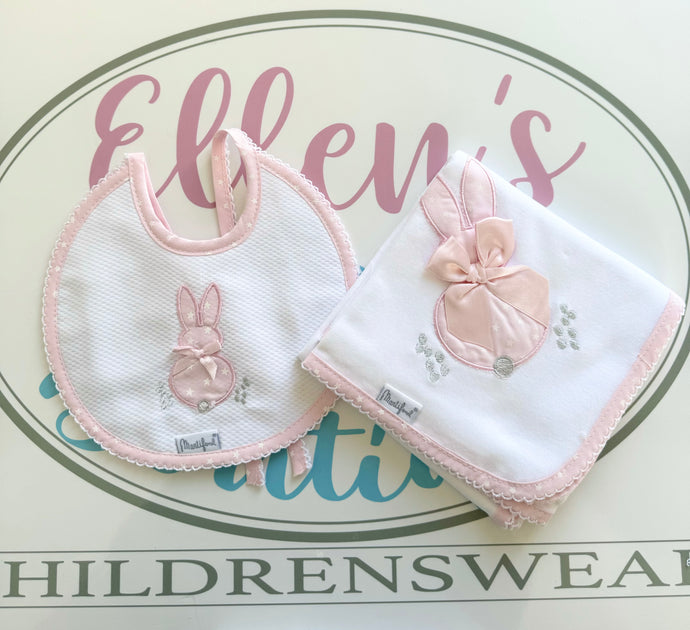 Pink Bunny Bib and Cotton Muslin Set