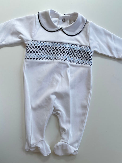 White and Blue Smocked Babygrow