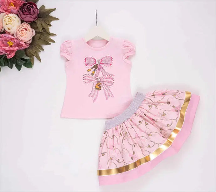 Pink Pearls and Bow Skirt Set